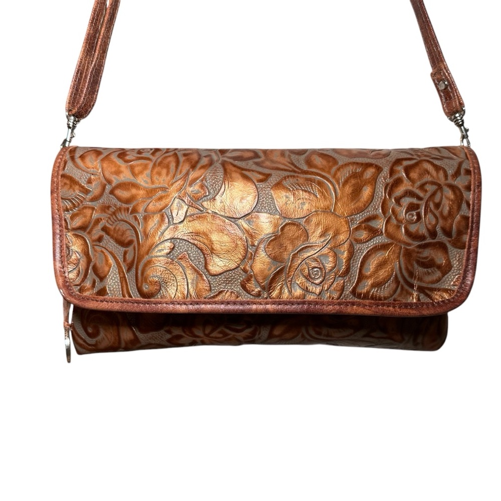 Double J Saddlery Leather Hand Tooled Eagle Gray/Copper Floral Crossbody Clutch